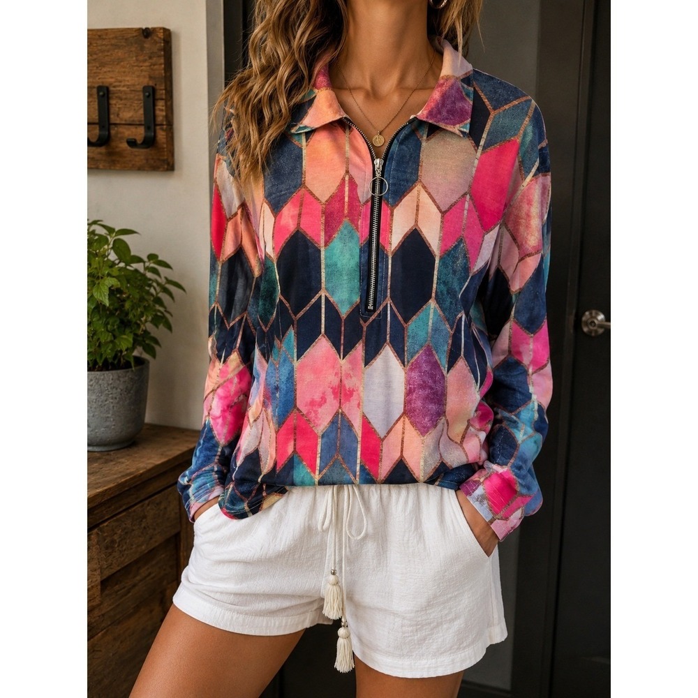 Geometric Diamond Print Quarter Zip Pullover Top Colorful Harlequin Long Sleeve
